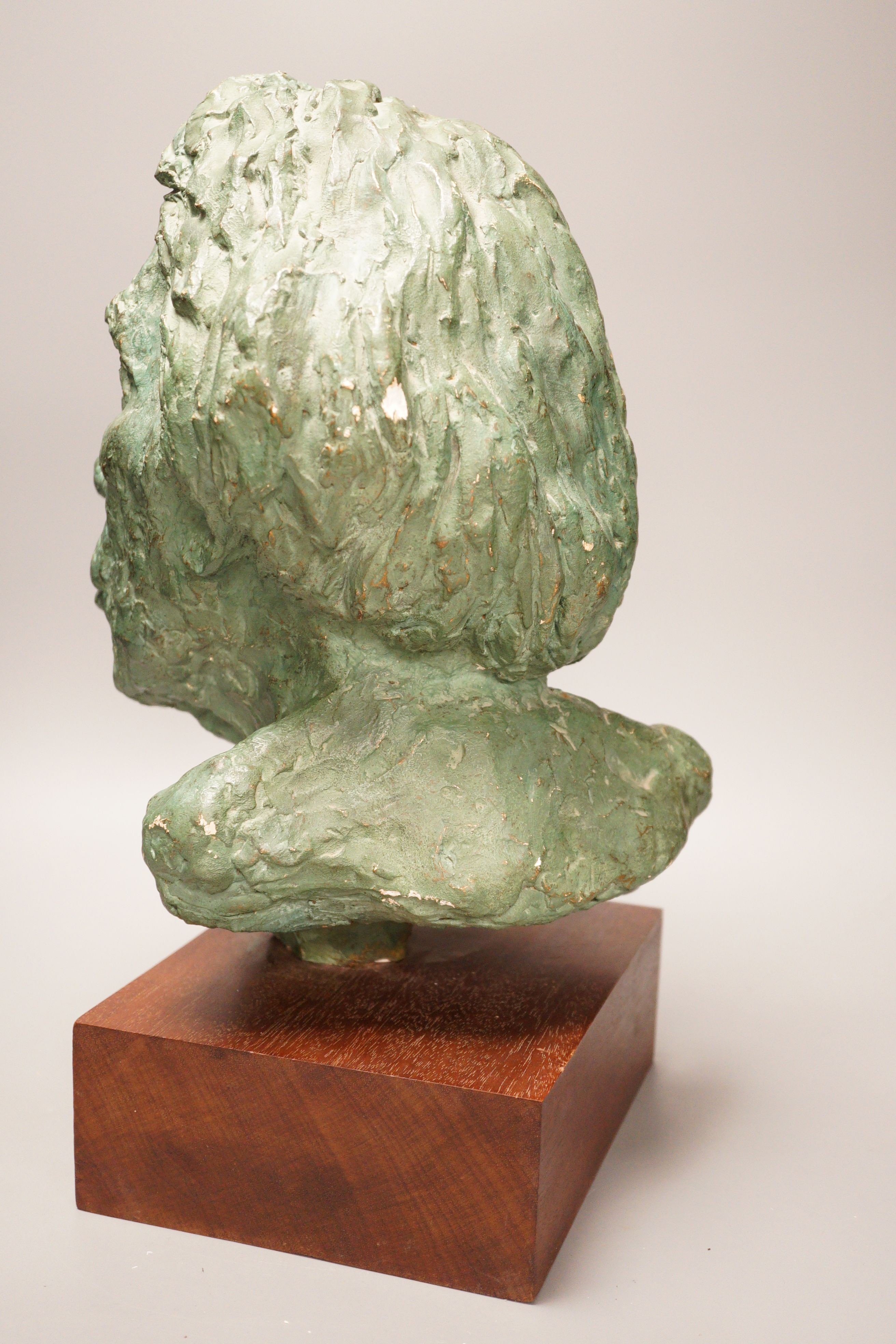 June Rolls, plaster bust of Larry Hodges on hardwood stand 42cm total height, Society of Portrait Sculptors 1978 exhibition at the Pall Mall Galleries label